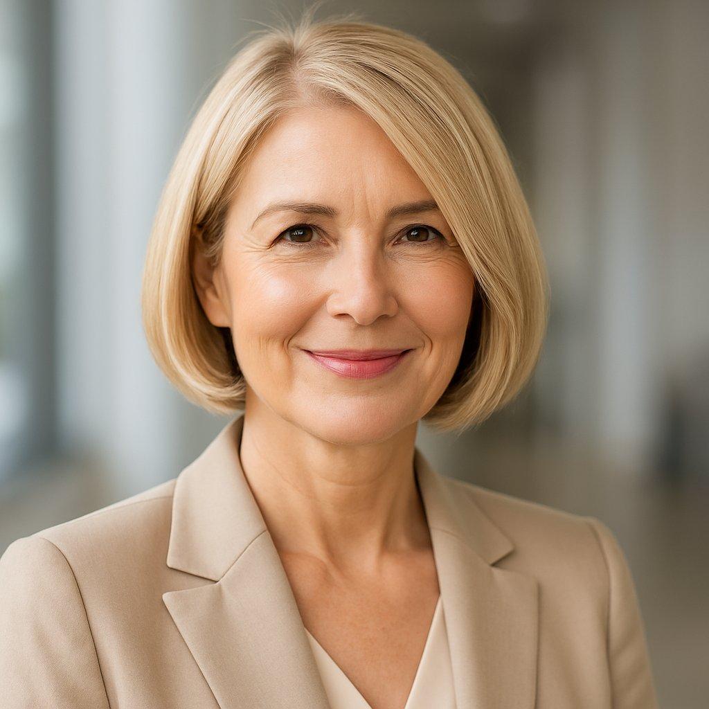 Kinlange blonde bob bij een vrouw van boven de vijftig