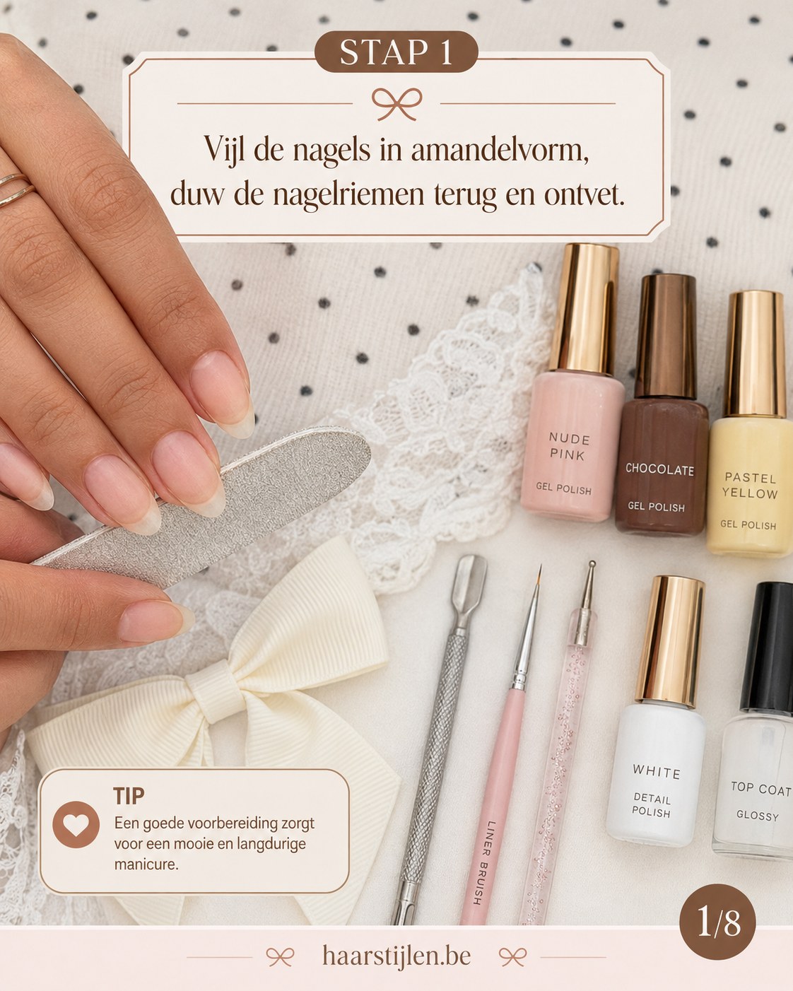 Voorbereiding voor chocolade Franse tips met strikjes: nagels vijlen in amandelvorm en ontvetten