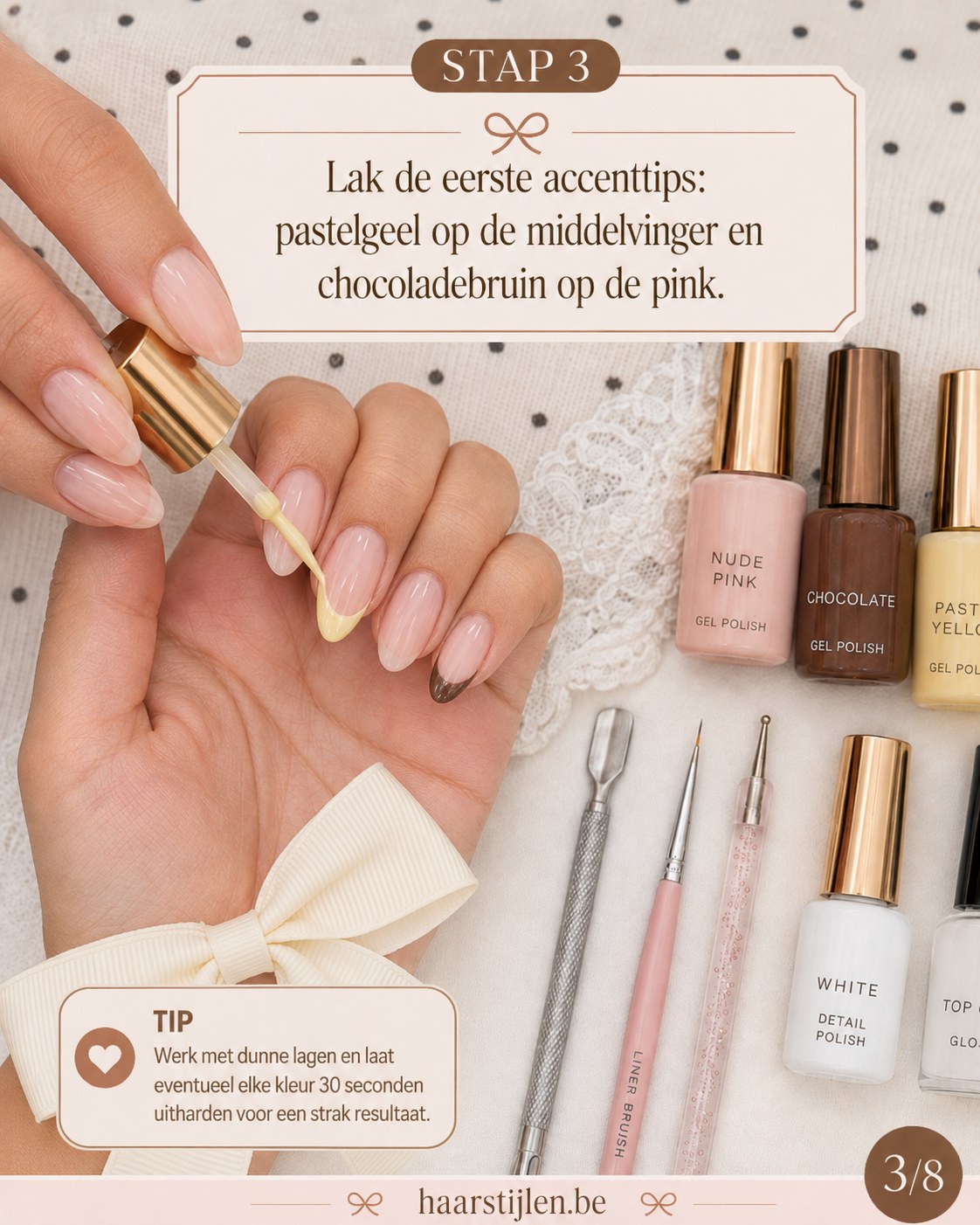 Eerste accenttips lakken in pastelgeel en chocoladebruin voor een manicure met strikjes-sfeer