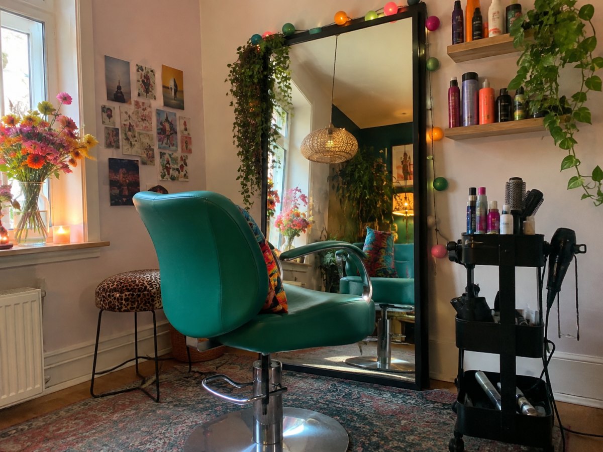 Creatieve kapsalonhoek met kleuraccenten