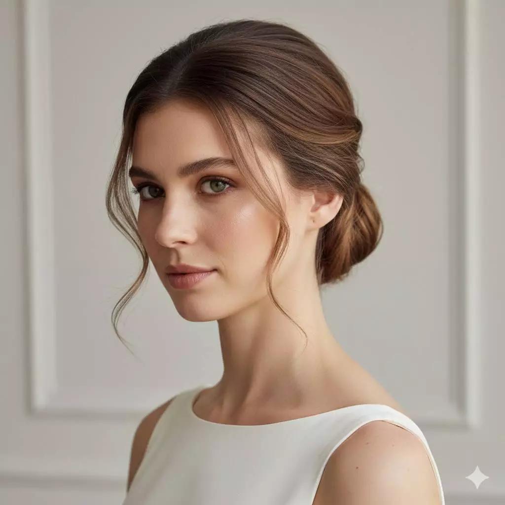 Elegante lage chignon met zachte lokken voor een zomeravond