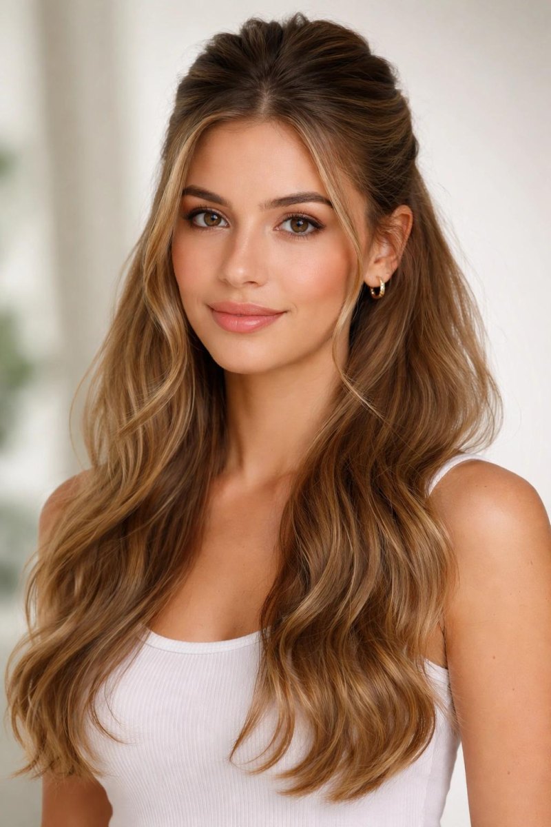 Half-up half-down kapsel met losse golvende lengtes