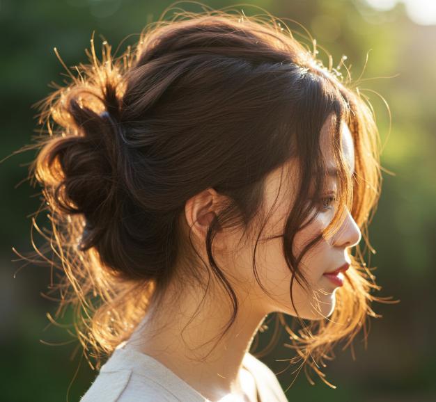 Losse messy bun met zachte plukjes langs het gezicht