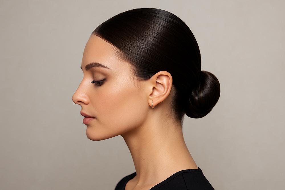 Strakke lage slicked-back knot met glanzend haar