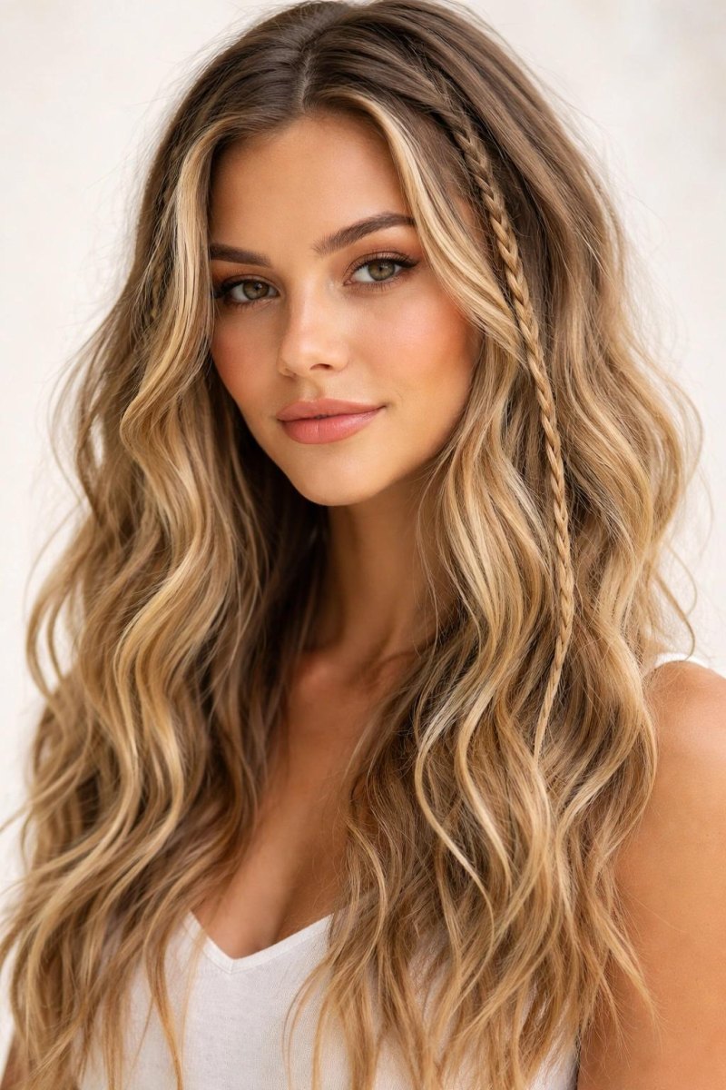 Los haar met kleine vlechten en subtiele zomerse accessoires