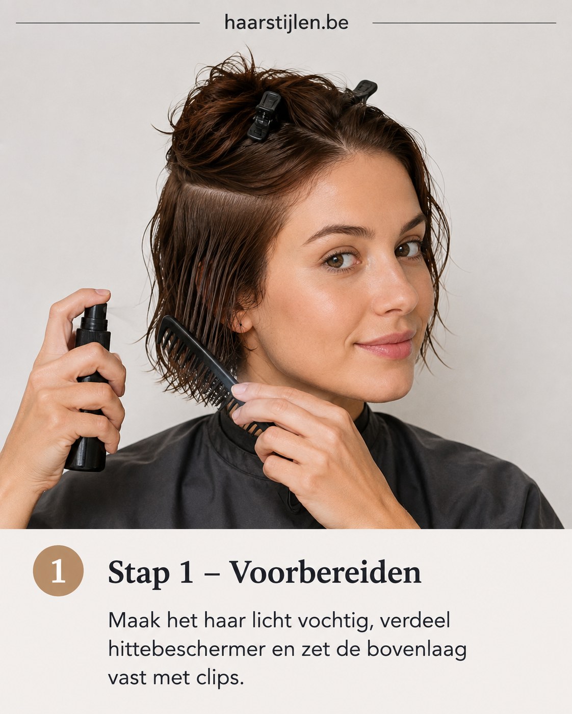 Franse bob met pony voorbereiden: haar vochtig maken en hittebeschermer verdelen met een kam