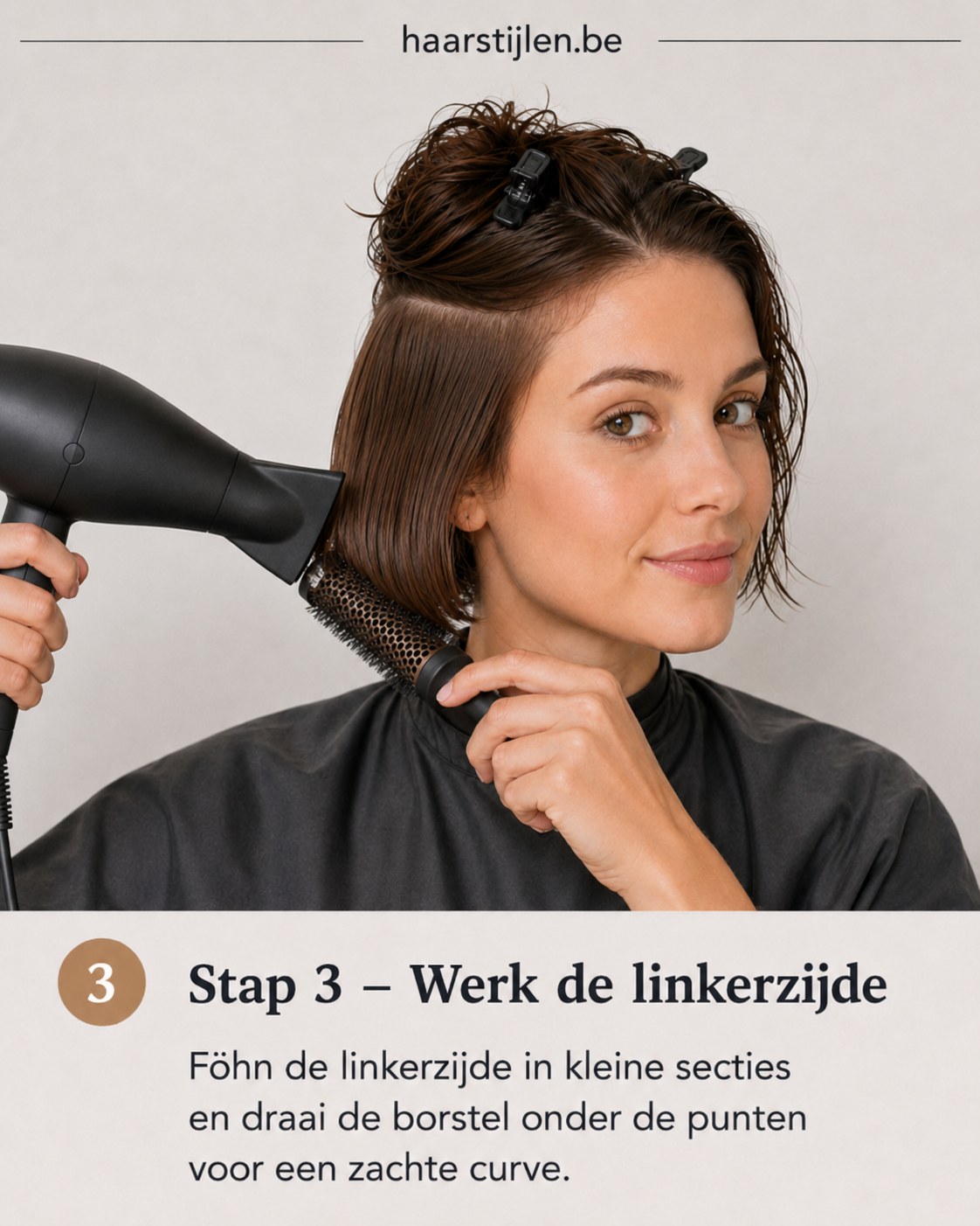 Linkerzijde van de Franse bob met pony föhnen in kleine secties voor een egale curve