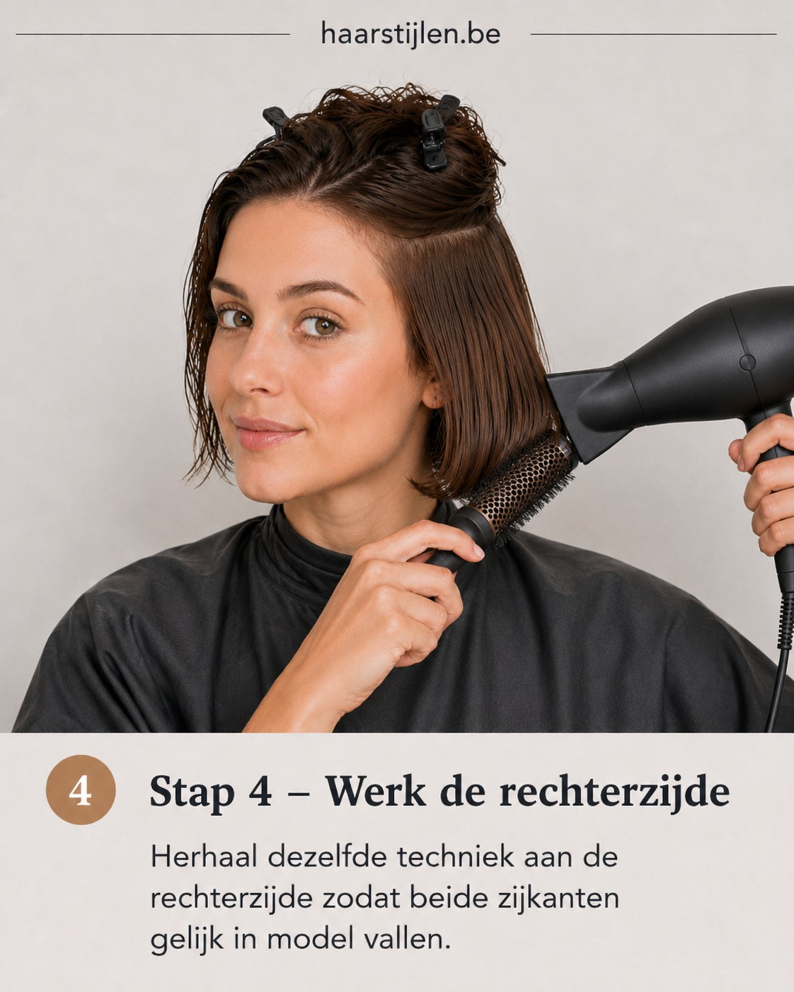 Rechterzijde van de Franse bob met pony stylen zodat beide zijkanten symmetrisch vallen
