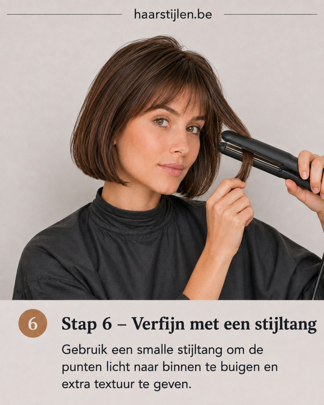 Punten van de Franse bob met pony verfijnen met een smalle stijltang voor extra textuur
