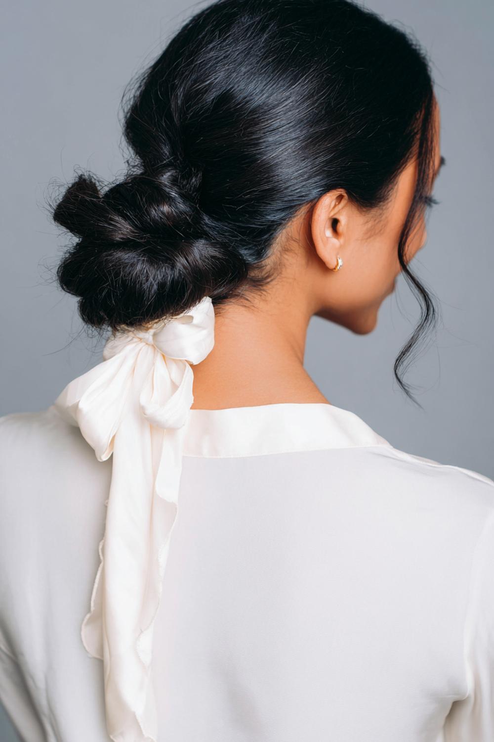 13. Frisse haarideeën 2026: lage knot met losse lokken en satijnen lint