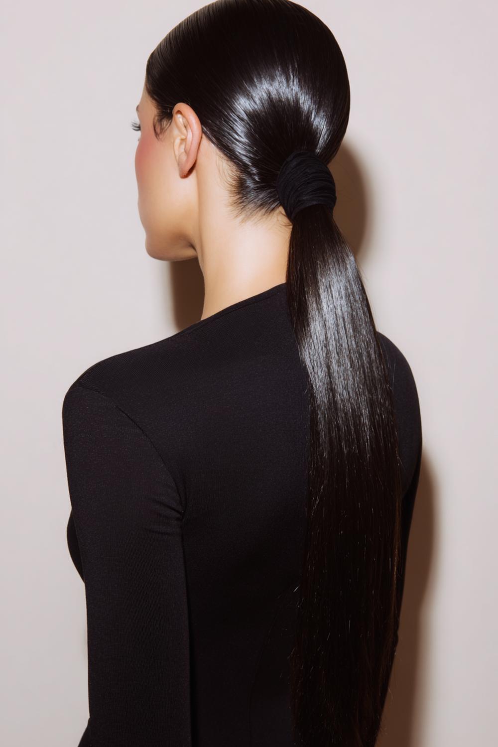 15. Frisse haarideeën 2026: strakke lage paardenstaart met glanzende haarwrap