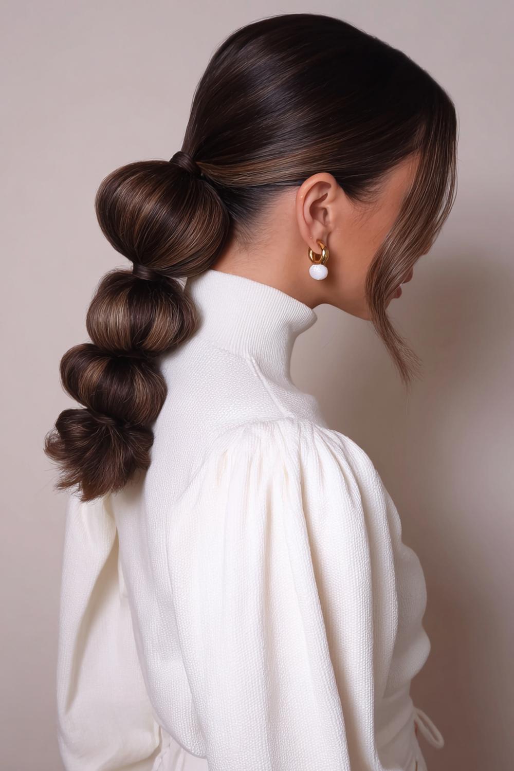 16. Frisse haarideeën 2026: bubbled paardenstaart met elastieken in ton-sur-ton