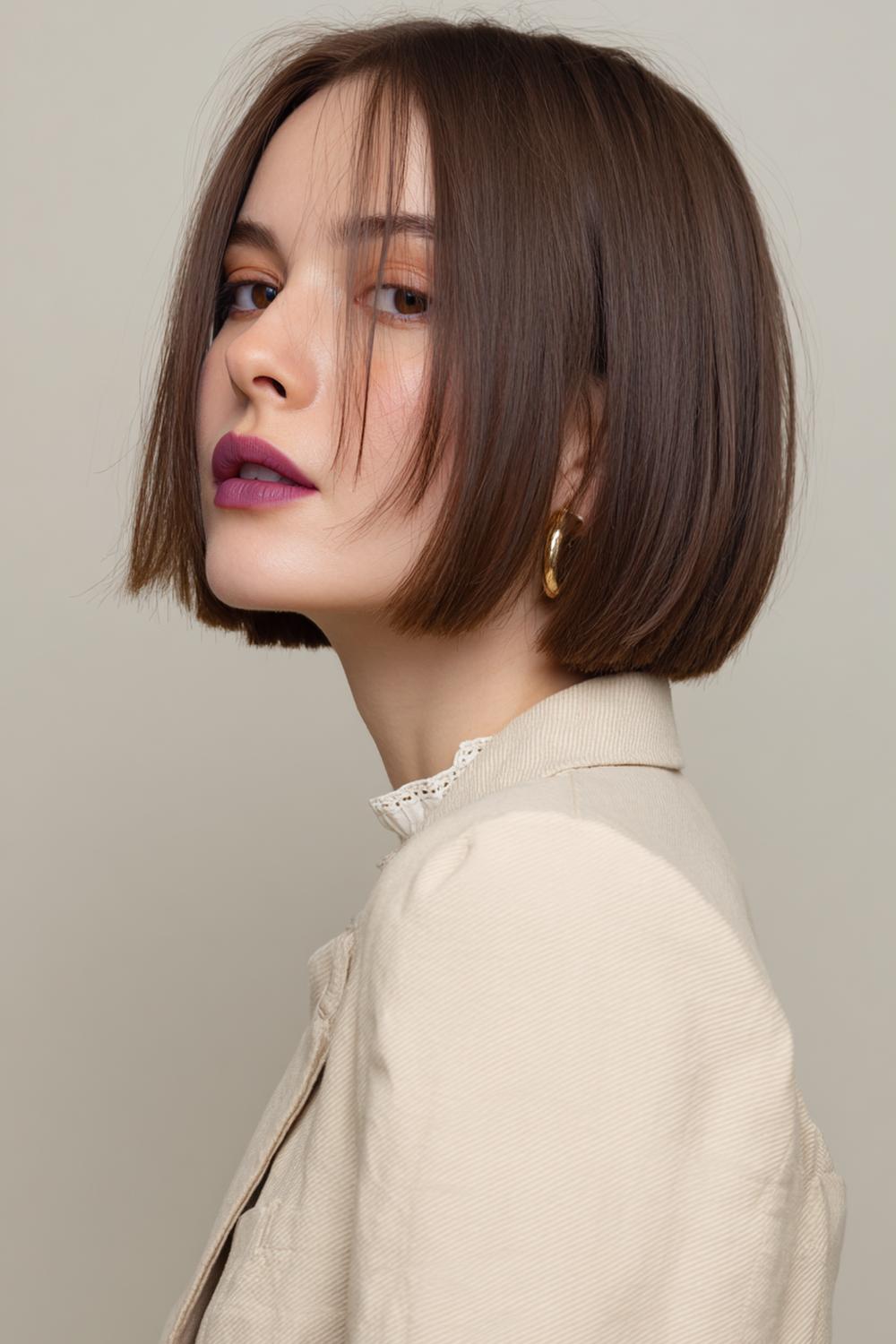 4. Frisse haarideeën 2026: micro-bob met stompe punten en tucked achter het oor