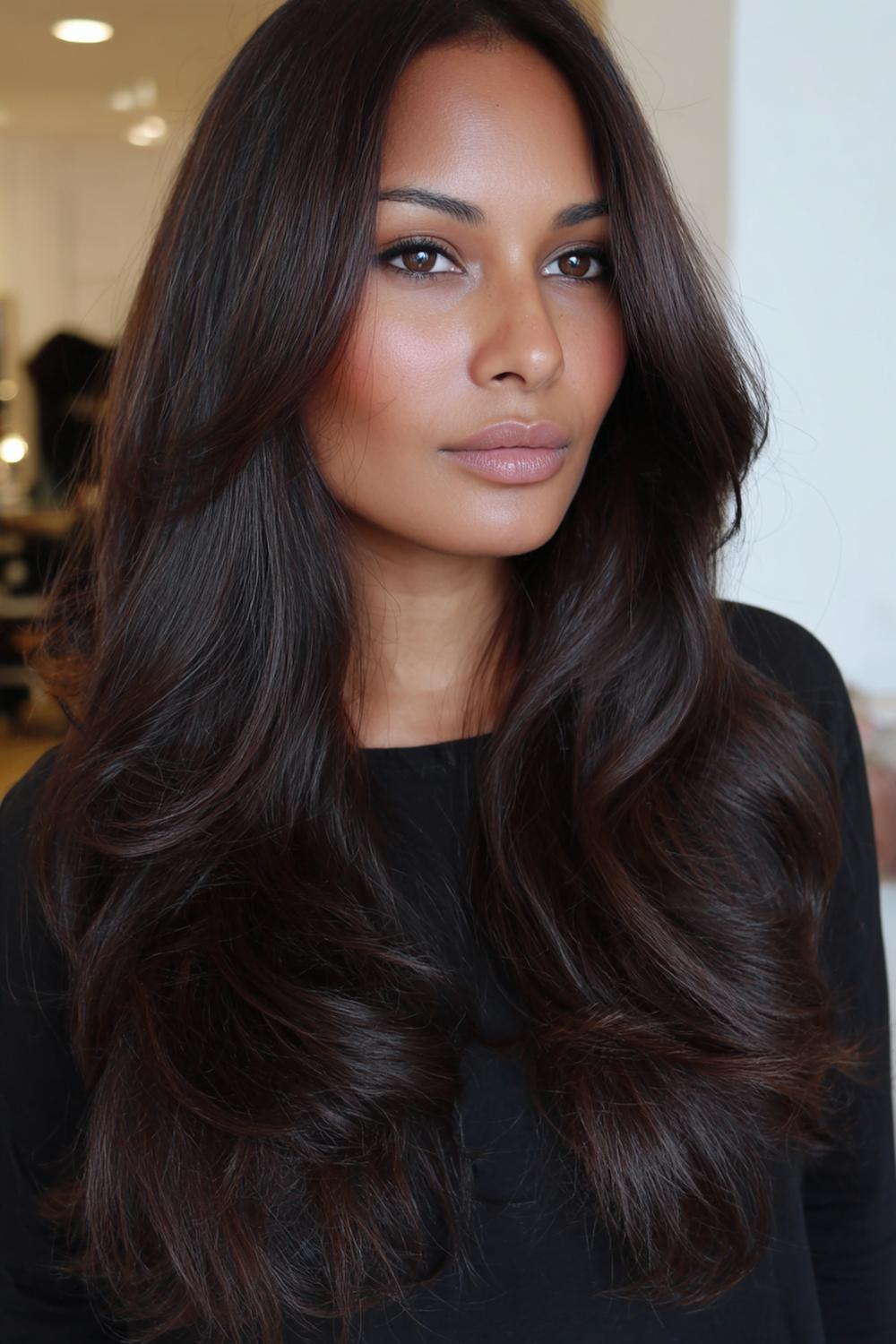 5. Frisse haarideeën 2026: lange lagen met zachte S-waves en volume bij de wortel