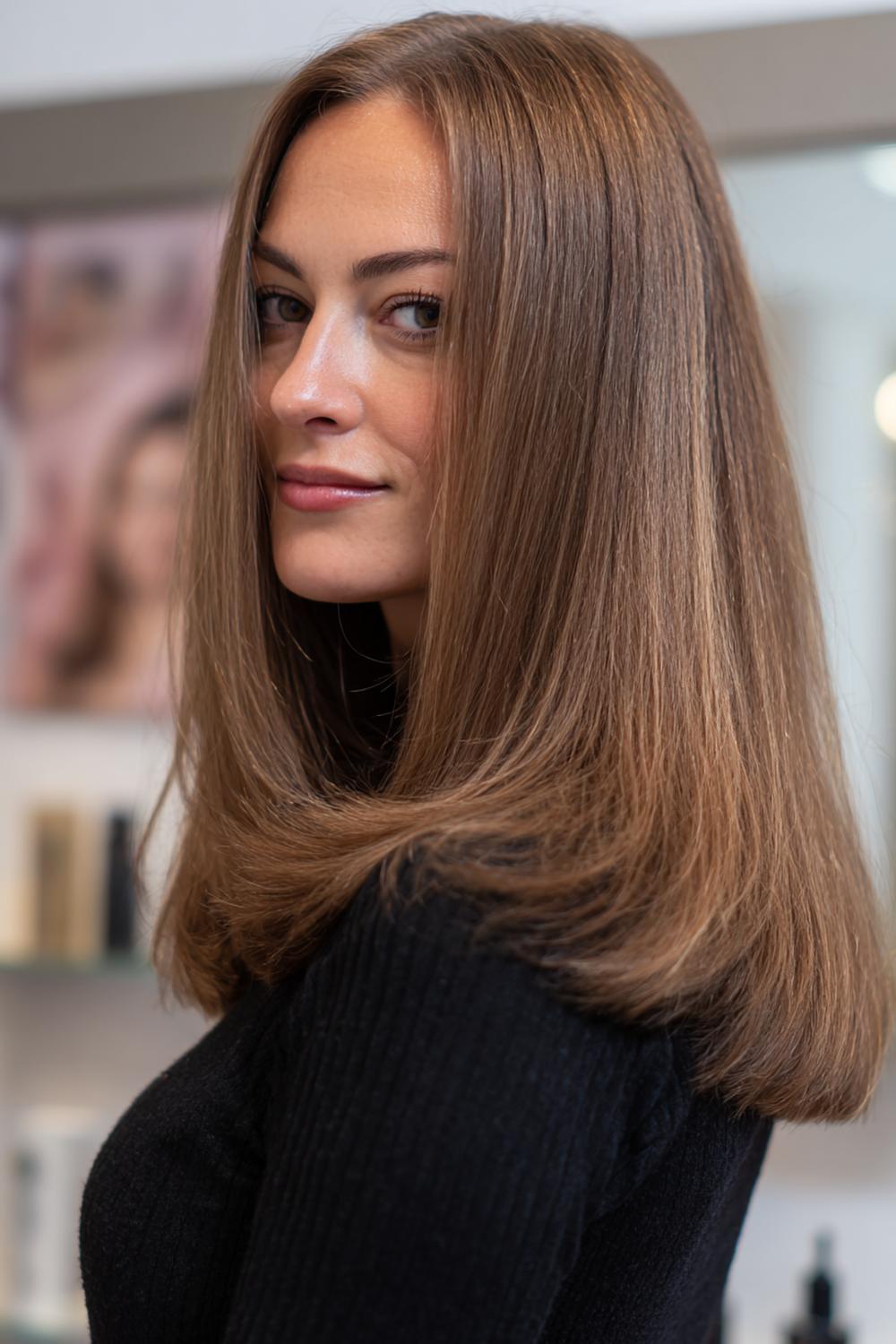 1. Glamour haarlook 2026: spiegelgladde center-part blowout