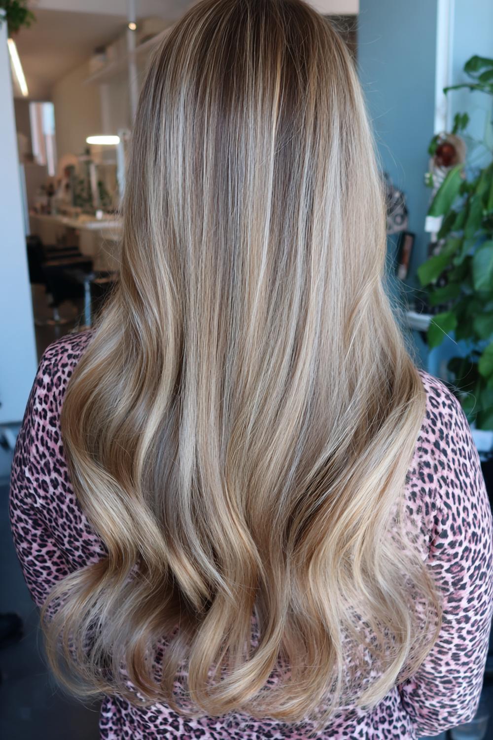 15. Glamour haarlook 2026: lange lagen met champagne-highlights en glanslijn