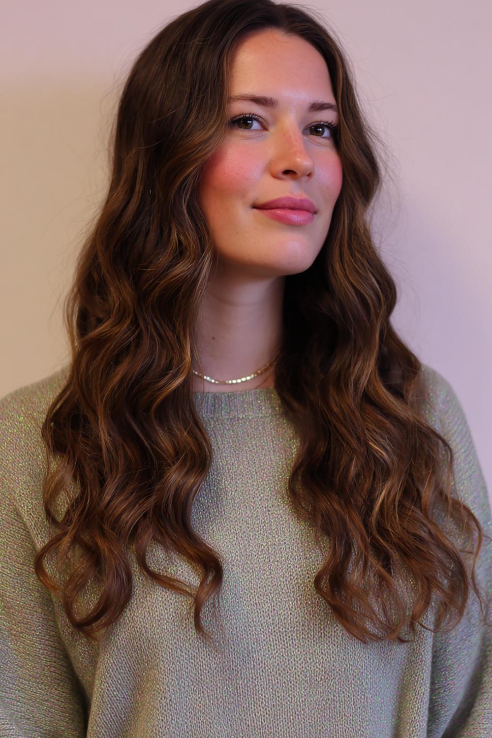 18. Glamour haarlook 2026: zachte brushed-out waves met glitterlijn langs de scheiding