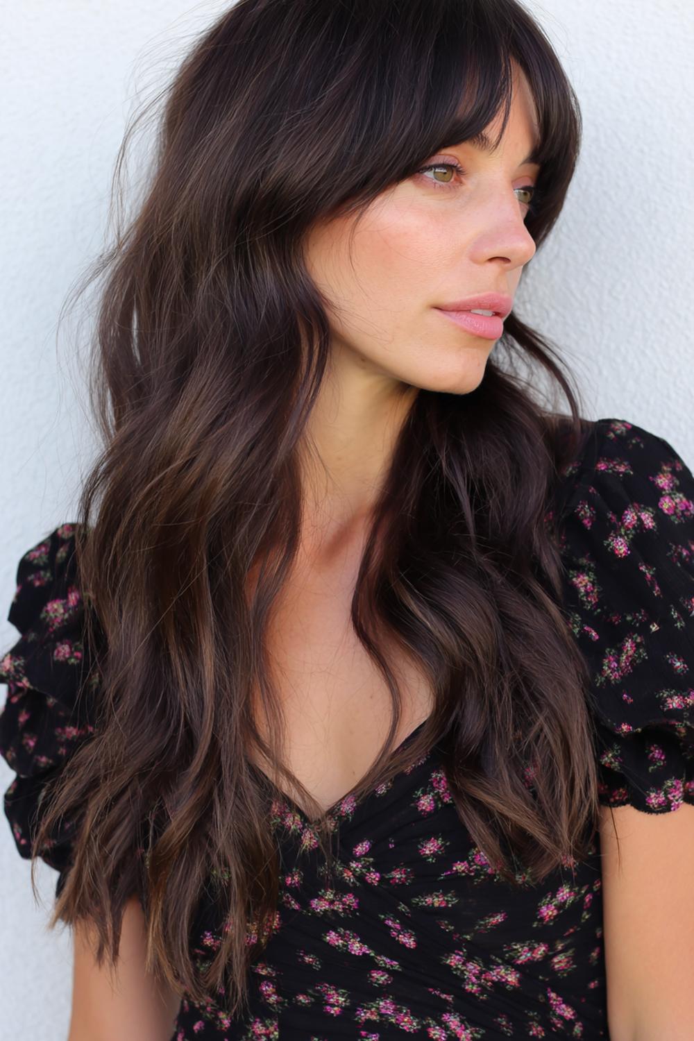 20. Glamour haarlook 2026: glam shag met luchtige curtain bangs en beweging