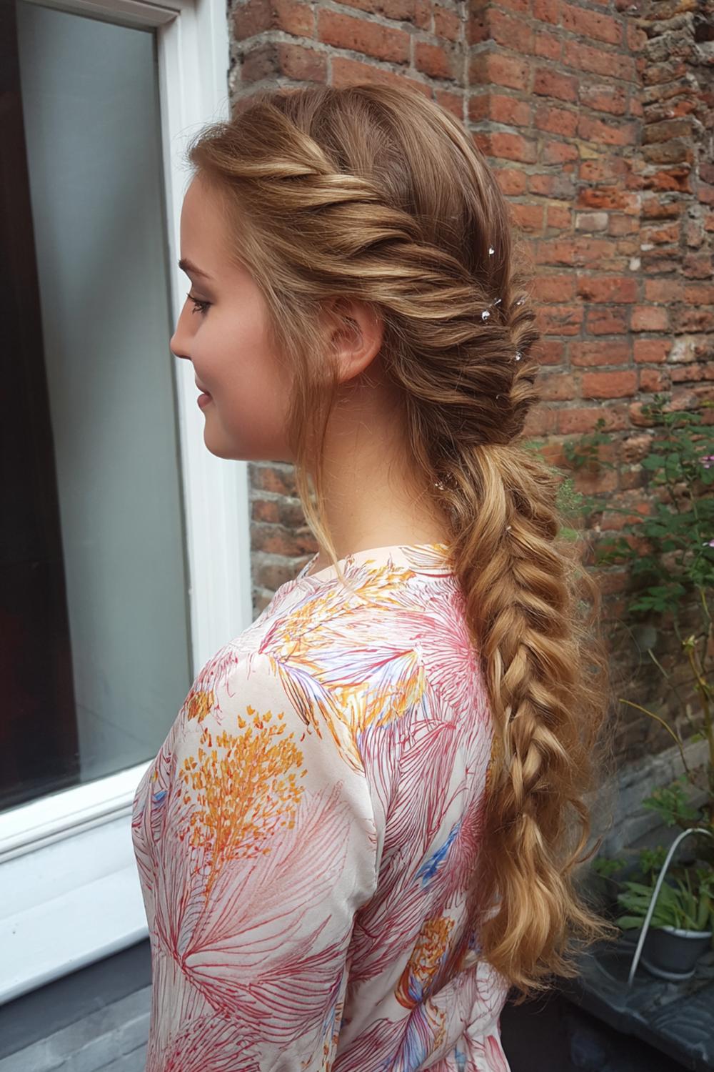 24. Glamour haarlook 2026: zijwaartse fishtail-vlecht met glinsterend haarlint