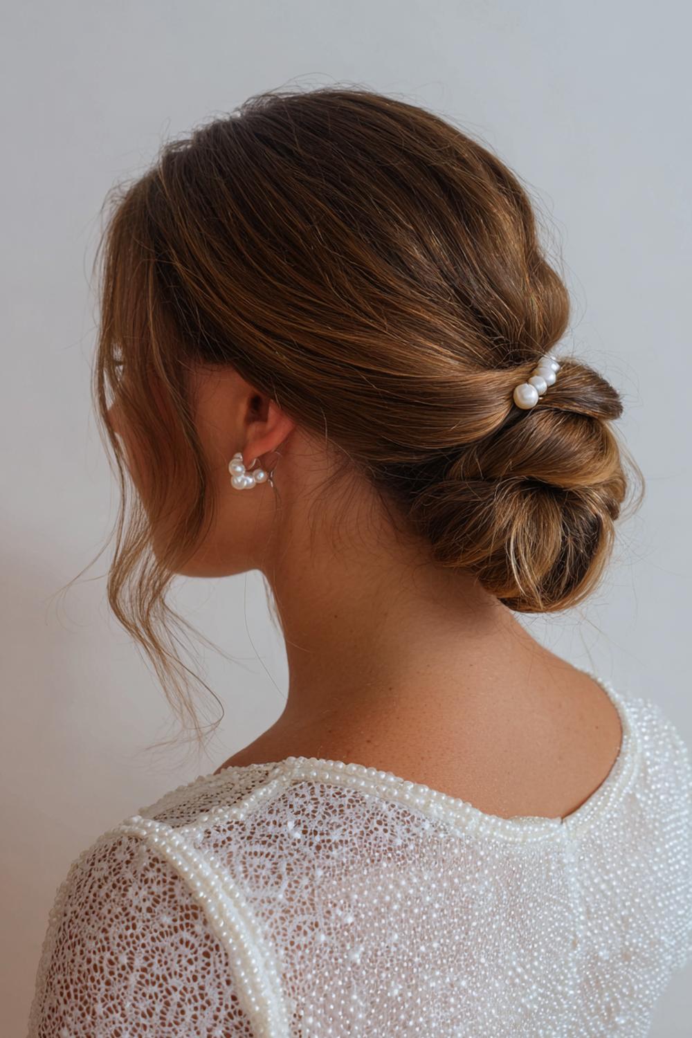4. Glamour haarlook 2026: lage chignon met parelspelden en zachte nekpluk