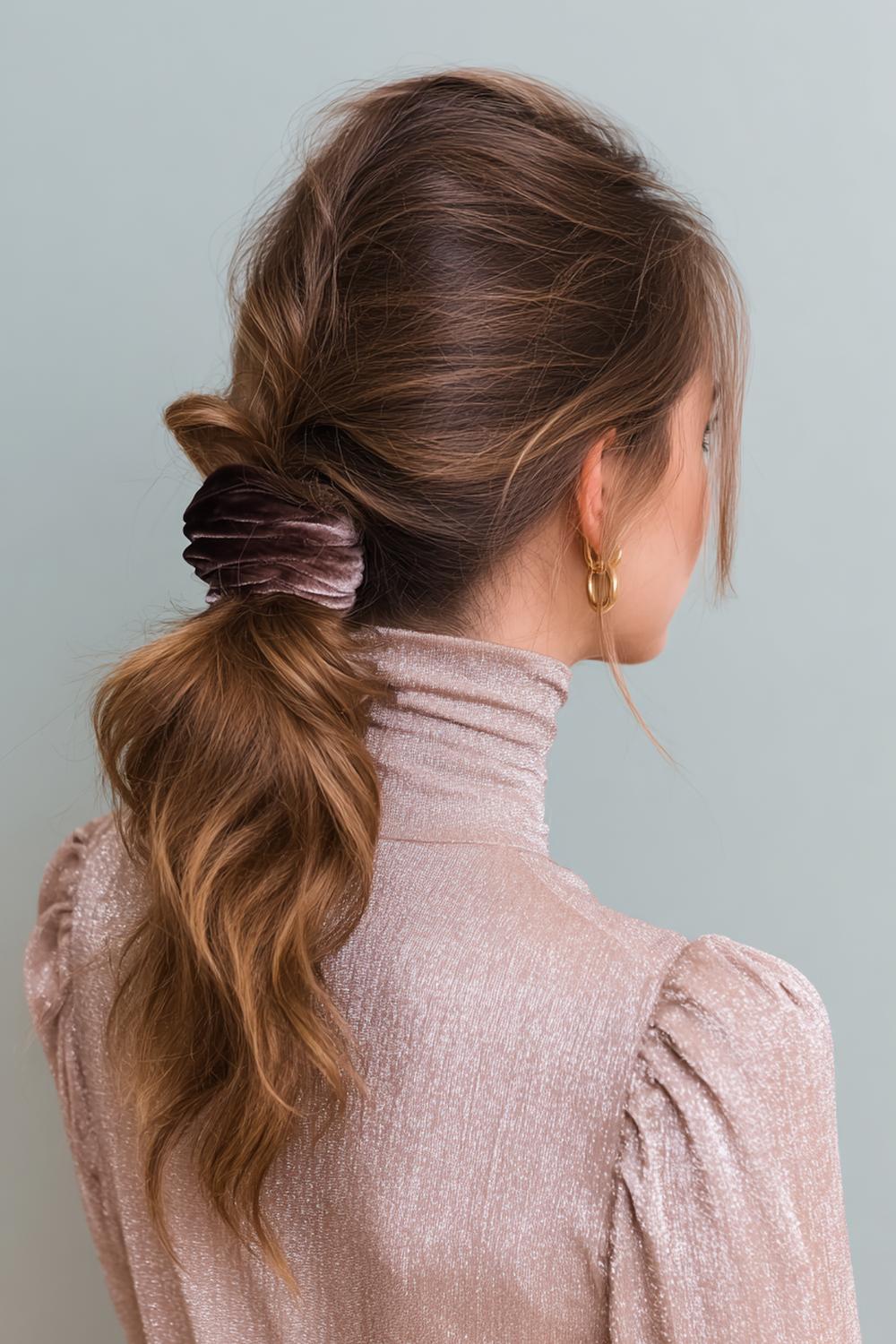 7. Glamour haarlook 2026: lage paardenstaart met fluwelen strik en zijglans