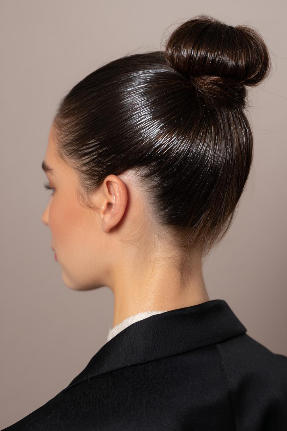 9. Glamour haarlook 2026: strakke wet-look bun met glanzende haarlijn