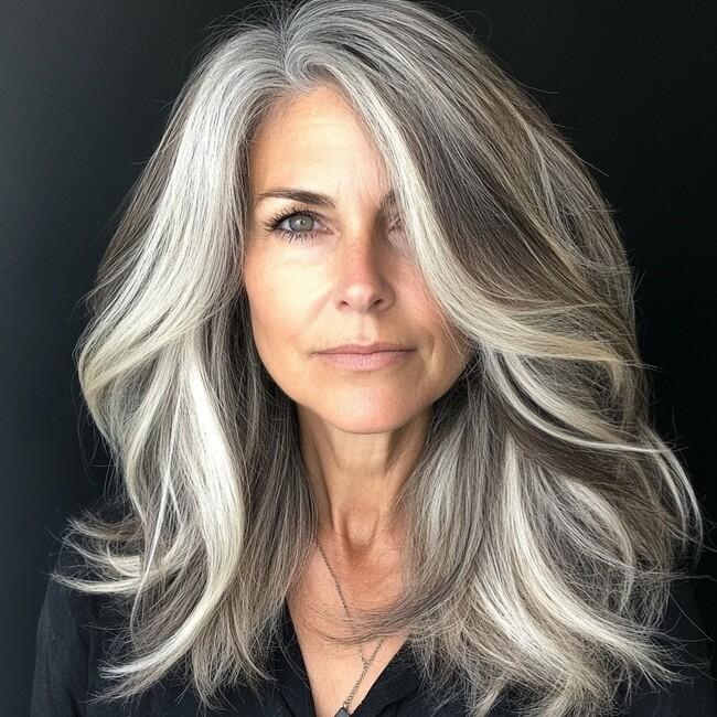 Natürlich graues Haar mit glänzenden silbernen Highlights