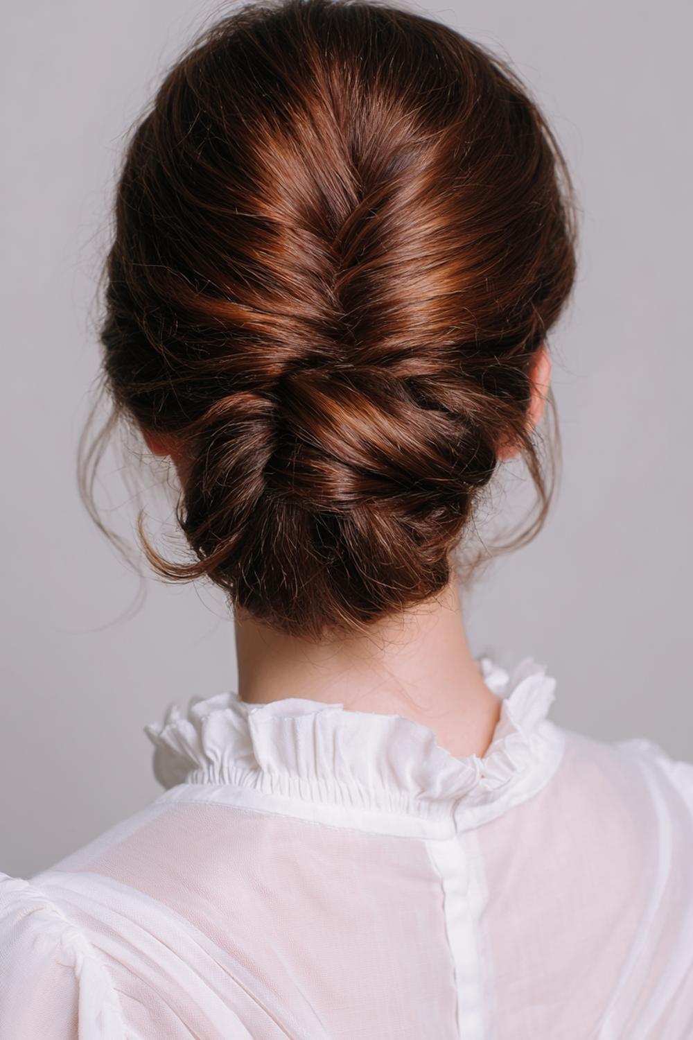 1. Haar updo met spiegelgladde lage knot en middenstreep