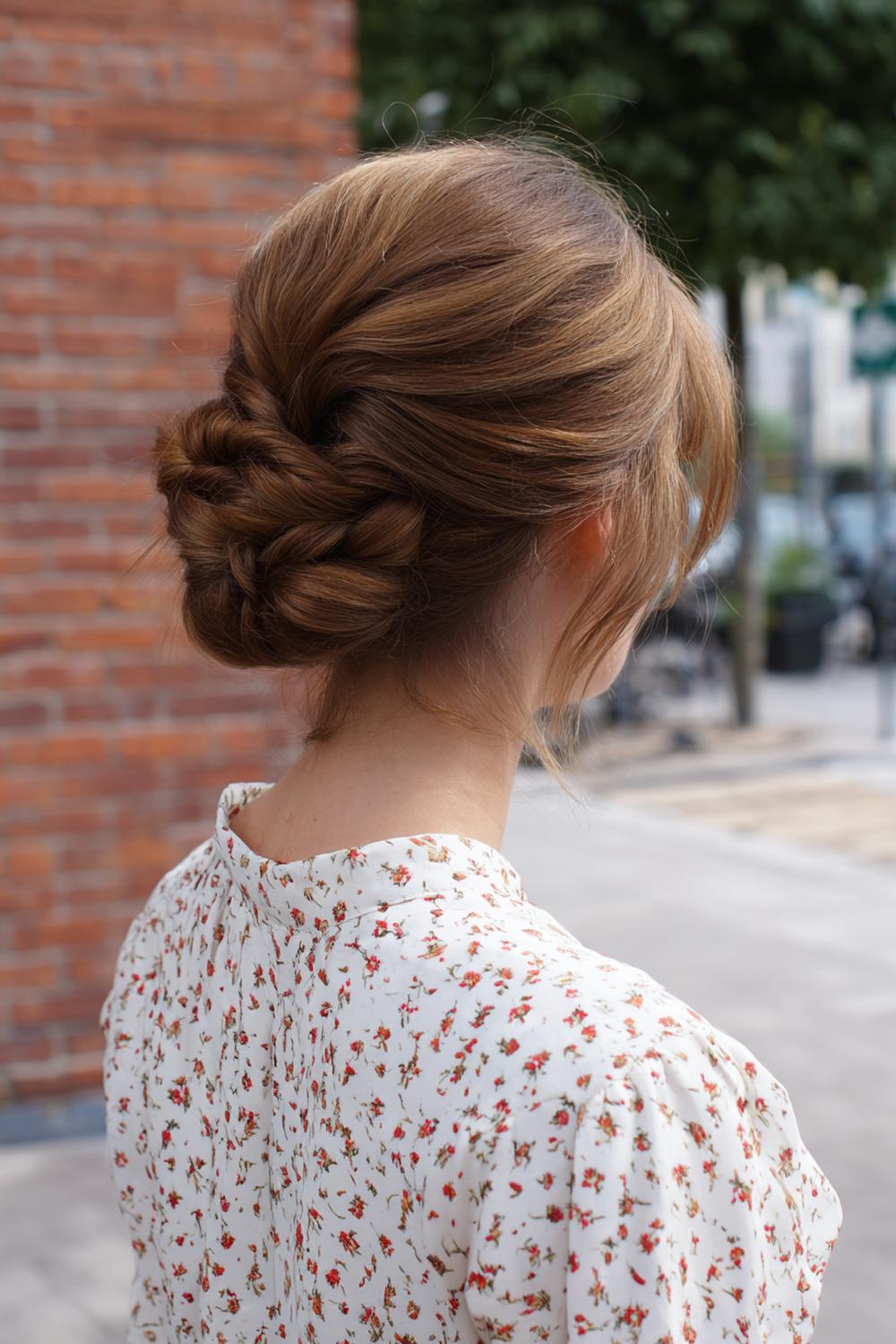 13. Haar updo met touwvlecht-knot en matte, poederige finish