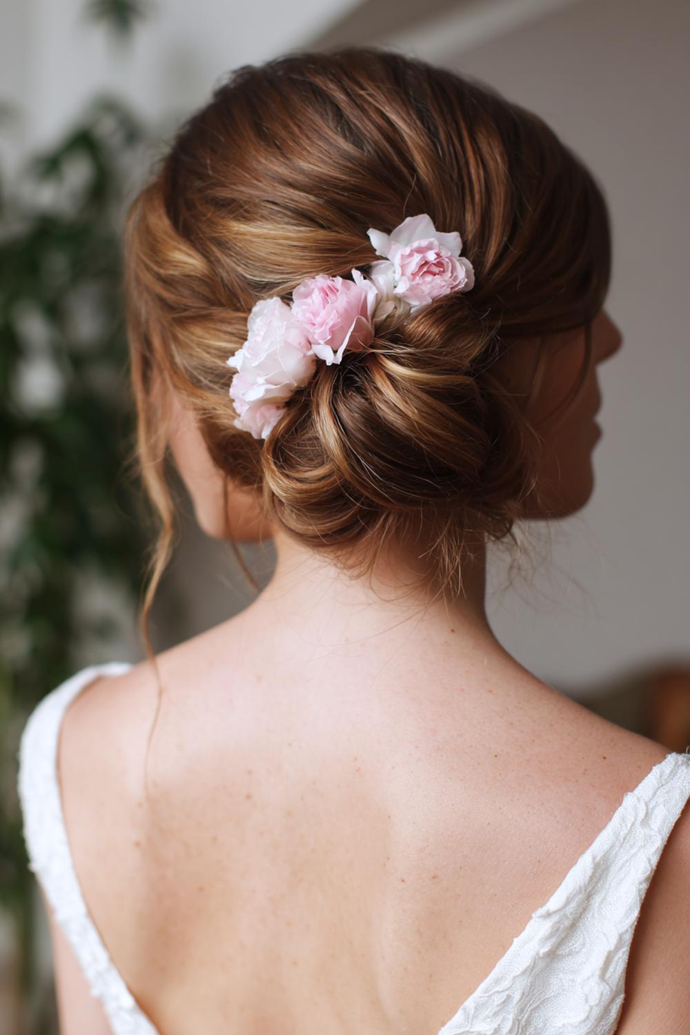 15. Haar updo met lage, romantische rozenknot en zachte glans