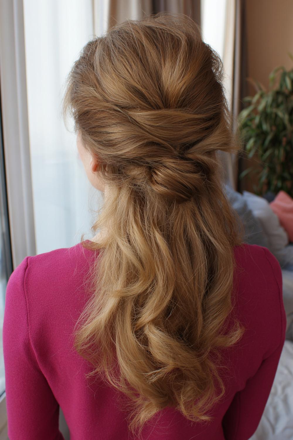 17. Haar updo met half-updo twist en volumineuze kruinlift