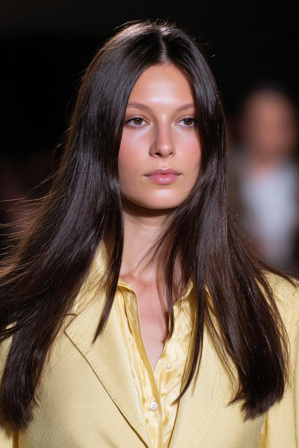 15. Haartrends Voor Lente 2026: de lange, rechte ‘silk press’ met middenlijn