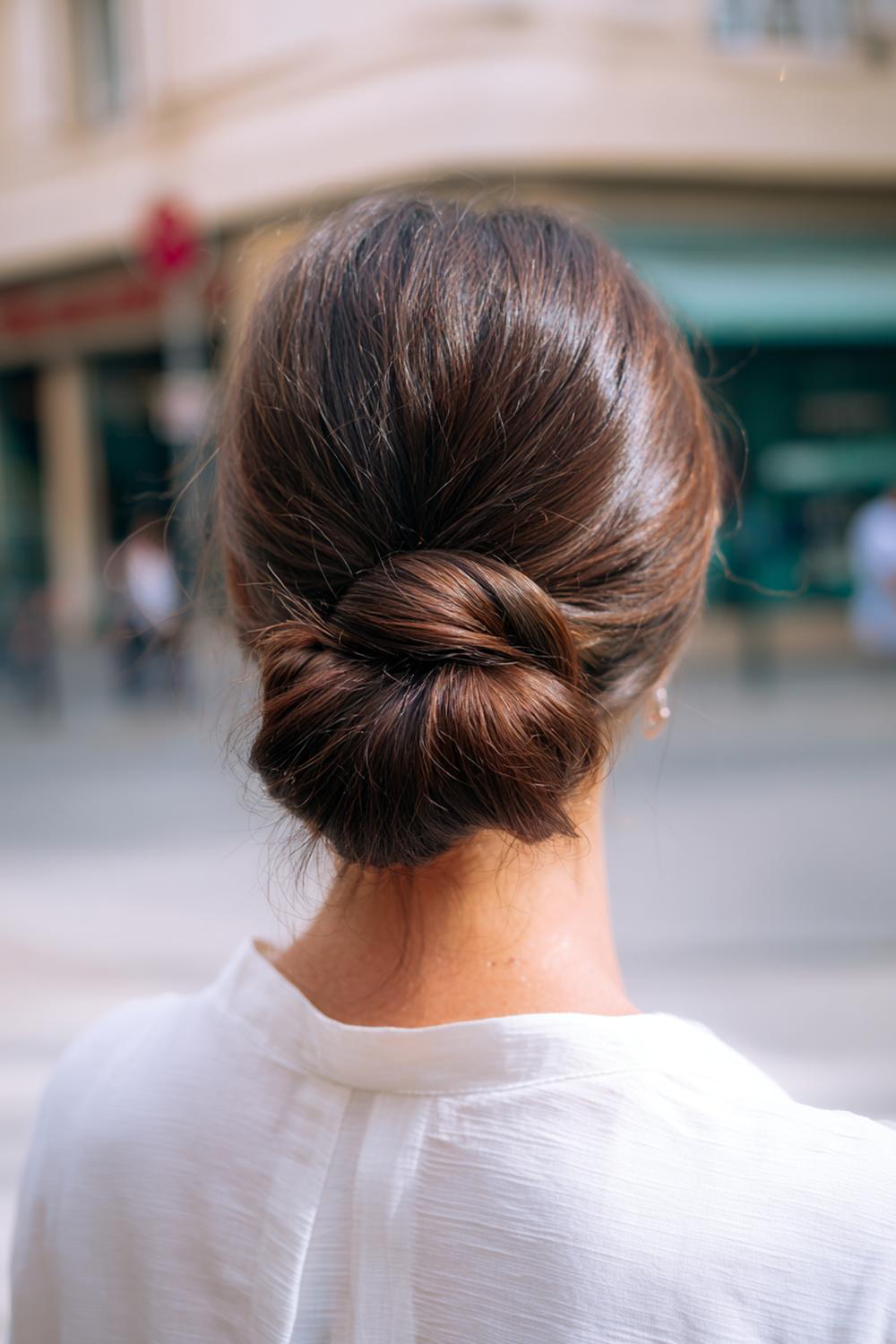 5. Haartrends Voor Zomer 2026: Lage knot met glanzende scheiding