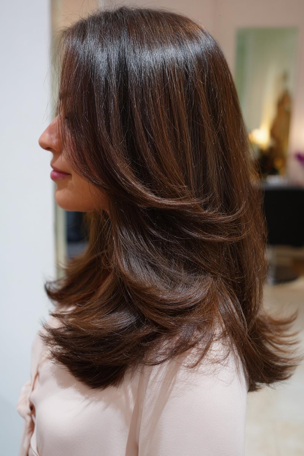 1. Halflang haar met slag kapsel met zachte face-framing lagen en glanzende blow-out