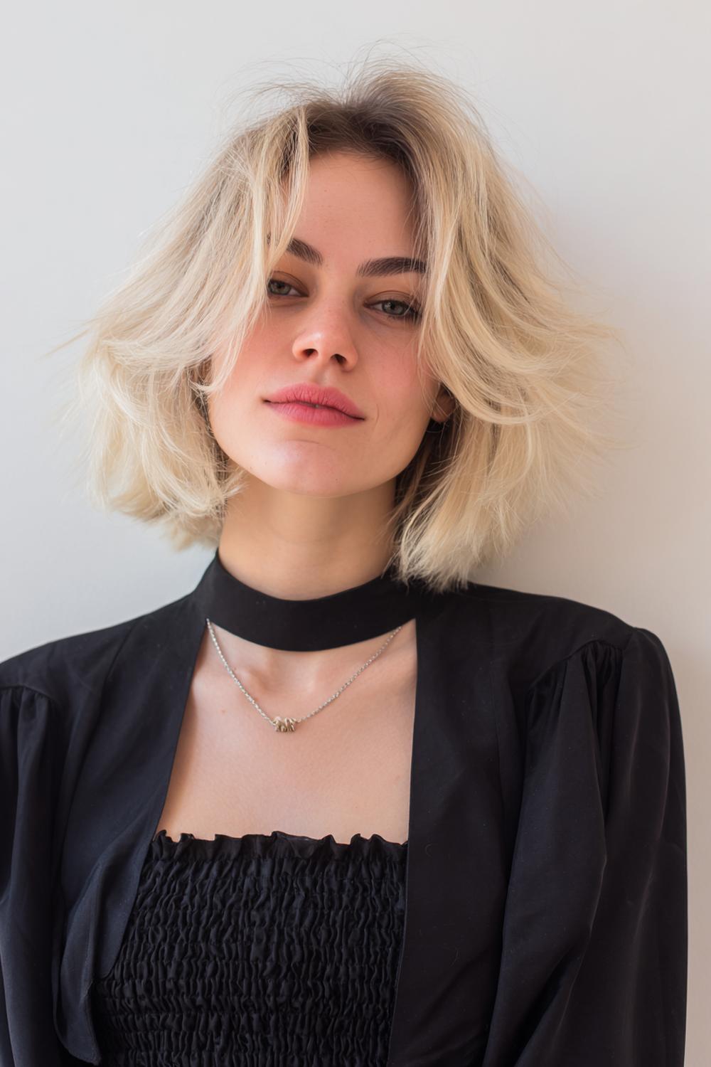 11. Halflang haar met slag kapsel met textuur bob en speelse, gebroken golven