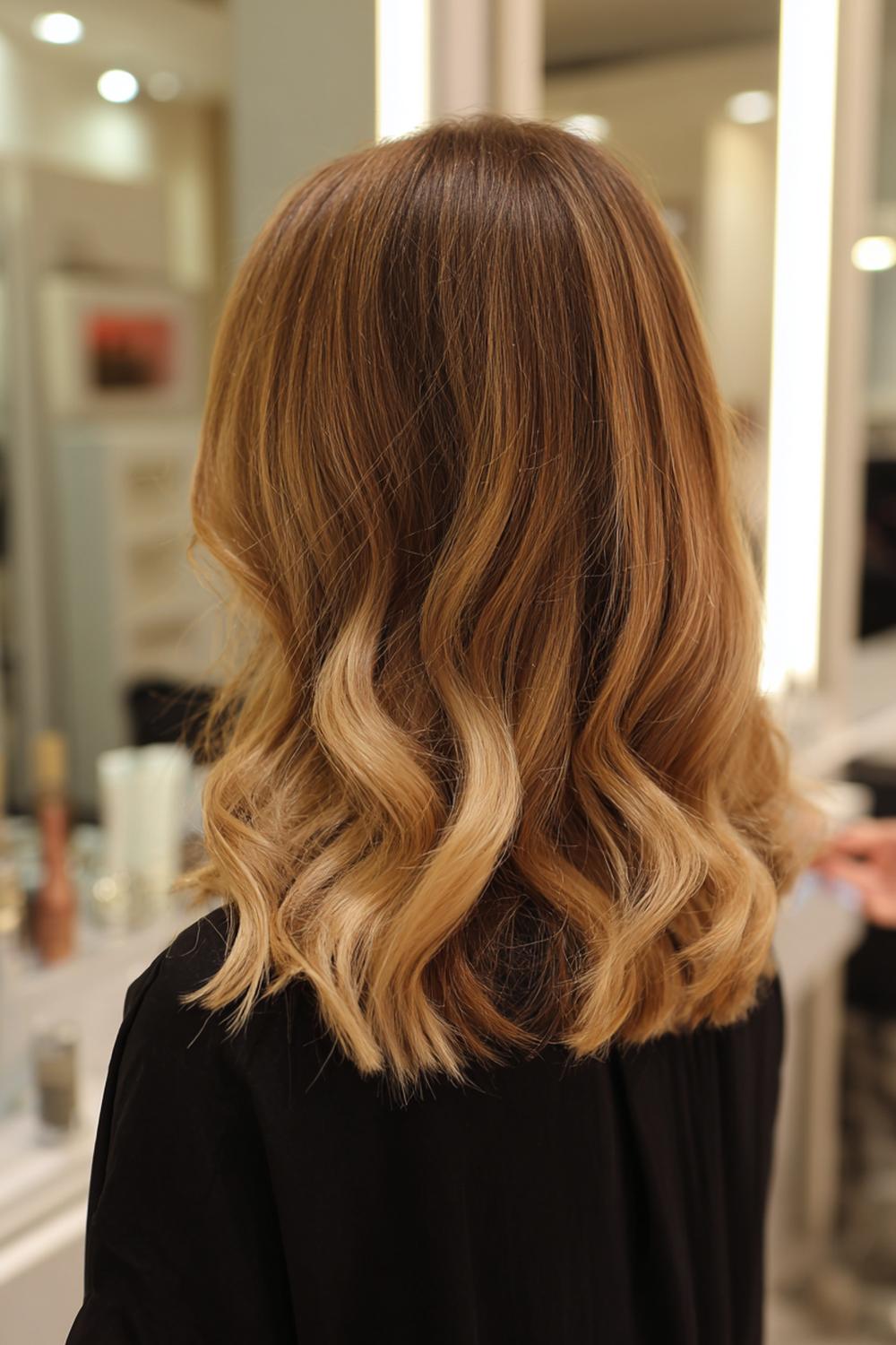 14. Halflang haar met slag kapsel met balayage en zongekuste golven op schouderhoogte