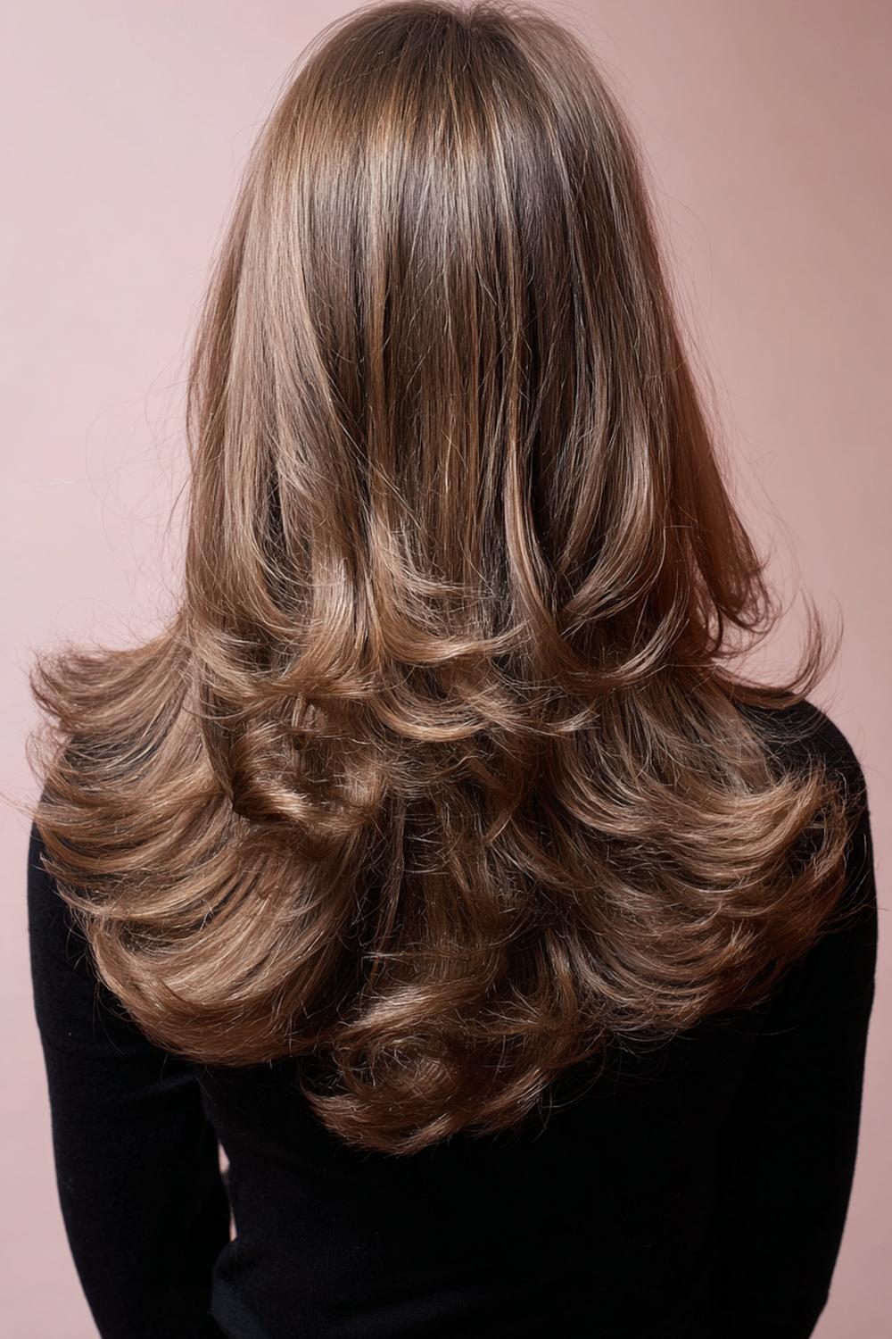 15. Halflang haar met slag kapsel met micro-lagen en extra volume rond de kruin