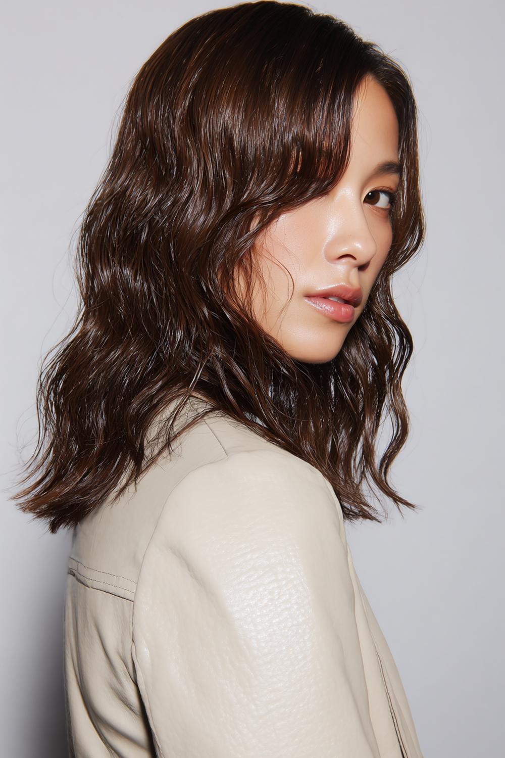 20. Halflang haar met slag kapsel met ‘wet look’ scheiding en glanzende golven eronder