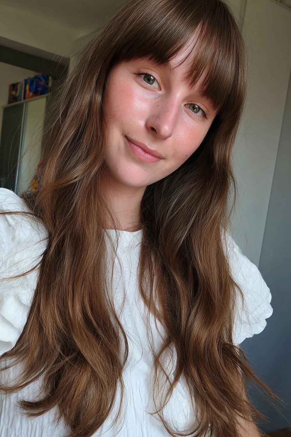 5. Halflang haar met slag kapsel met curtain bangs en luchtige beweging rond de ogen