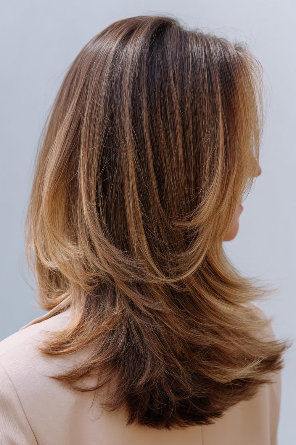 6. Halflang haar met slag kapsel met lange lagen en zachte ombré highlights