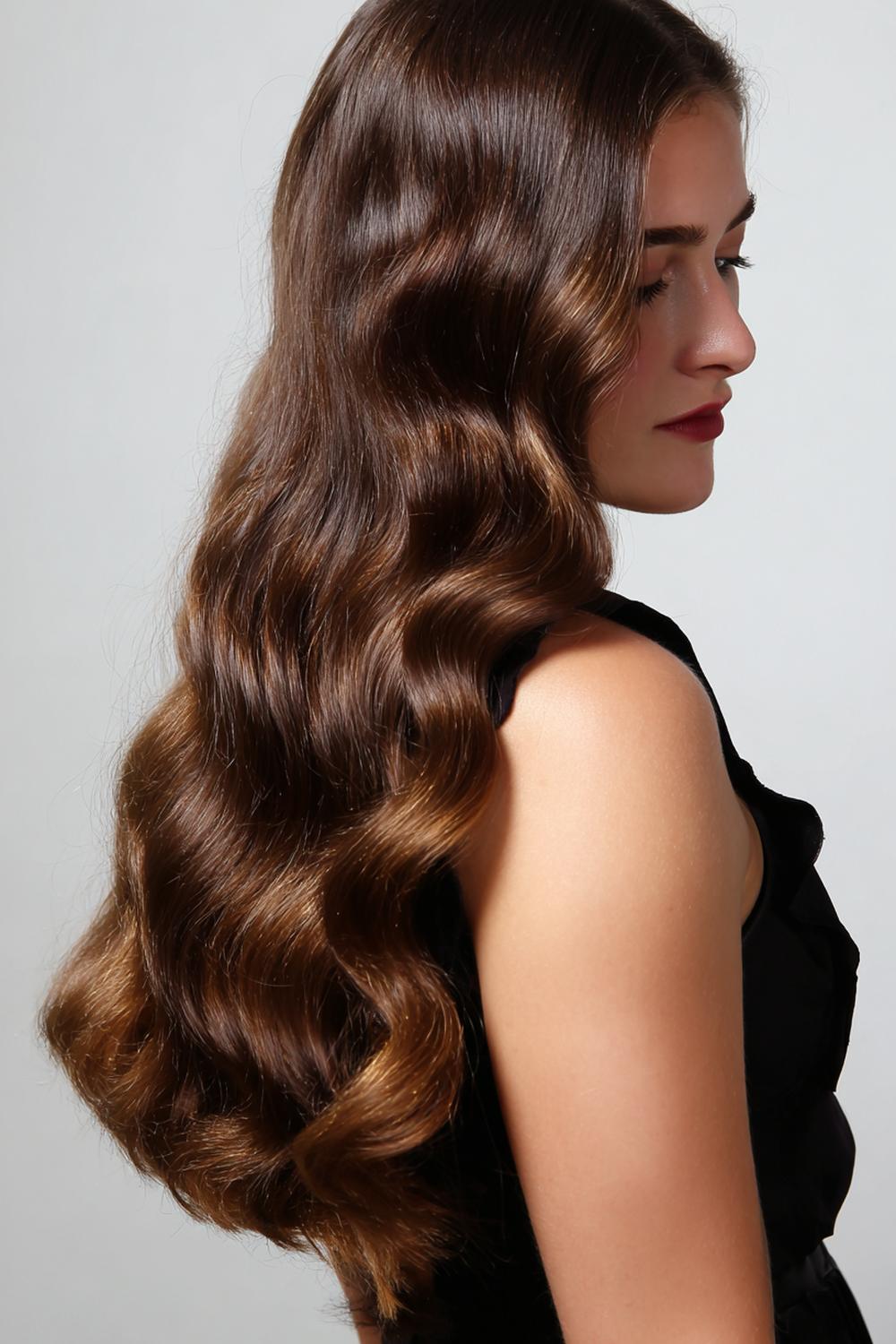 7. Halflang haar met slag kapsel met glossy Hollywood-waves en strakke contour