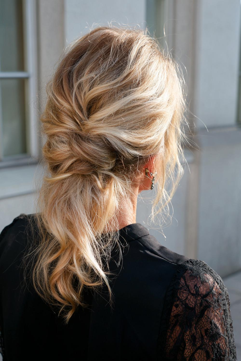 8. Halflang haar met slag kapsel met rommelige knot en losse golvende lokken