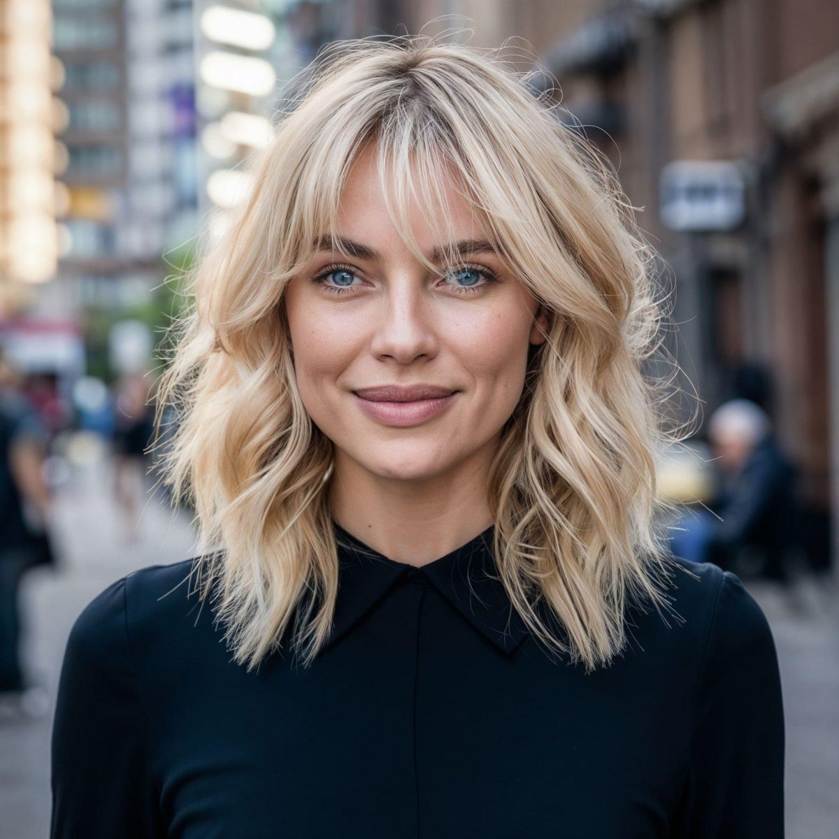 Blond halflang kapsel met luchtige pony en gezichtskaders