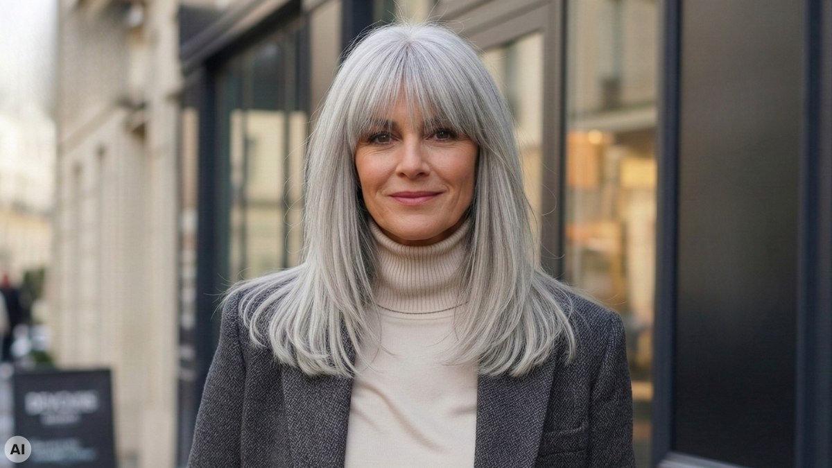 Grijs haar kapsel met stijlvolle pony