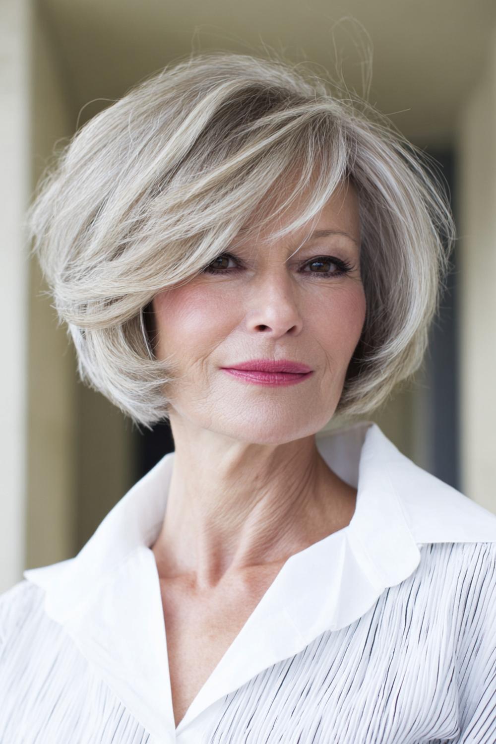 16. Kapsel met pony voor 50 plus: halflange bob met pony en zachte face-framing highlights