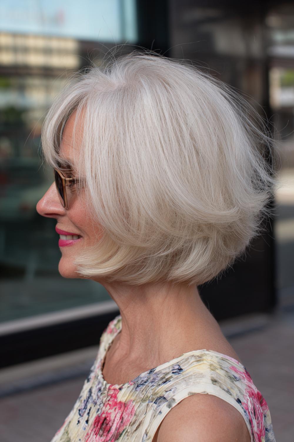 17. Kapsel met pony voor 50 plus: stompe bob met volle pony en glasachtige glans