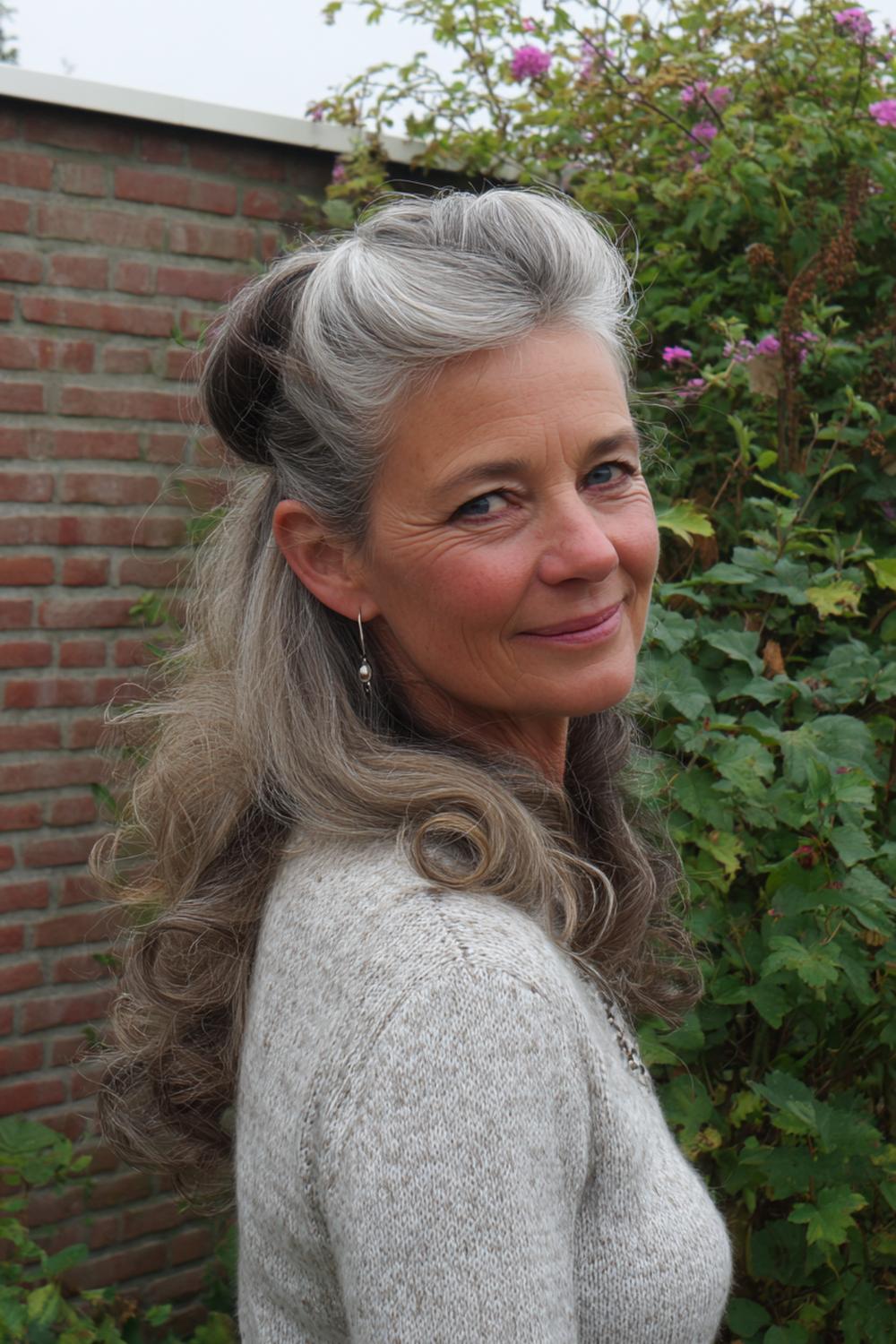 19. Kapsel met pony voor 50 plus: natuurlijke grijze krullen met krullende pony en zachte scheiding