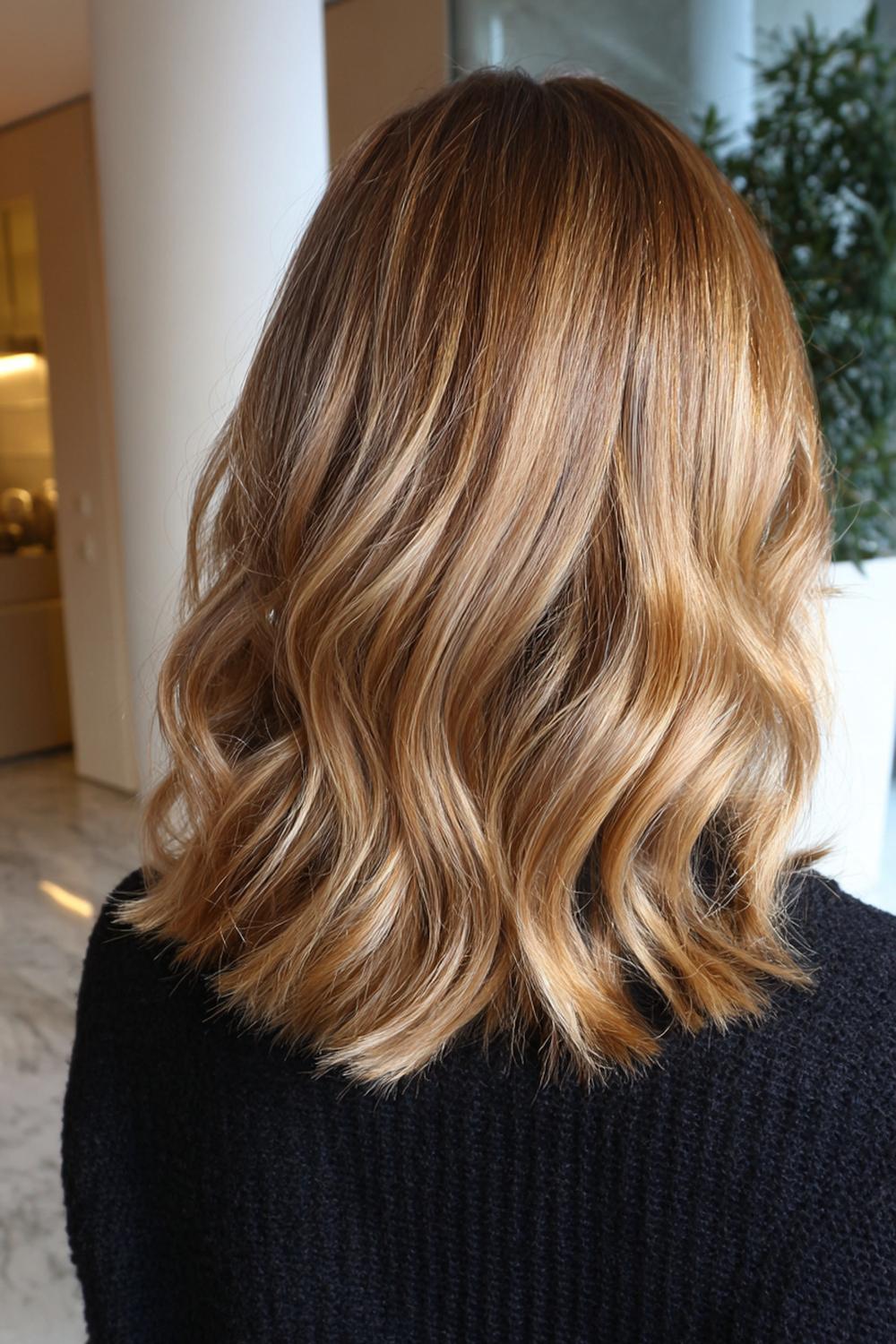 21. Kapsel met pony voor 50 plus: zachte balayage-lob met pony en warme honingnuances