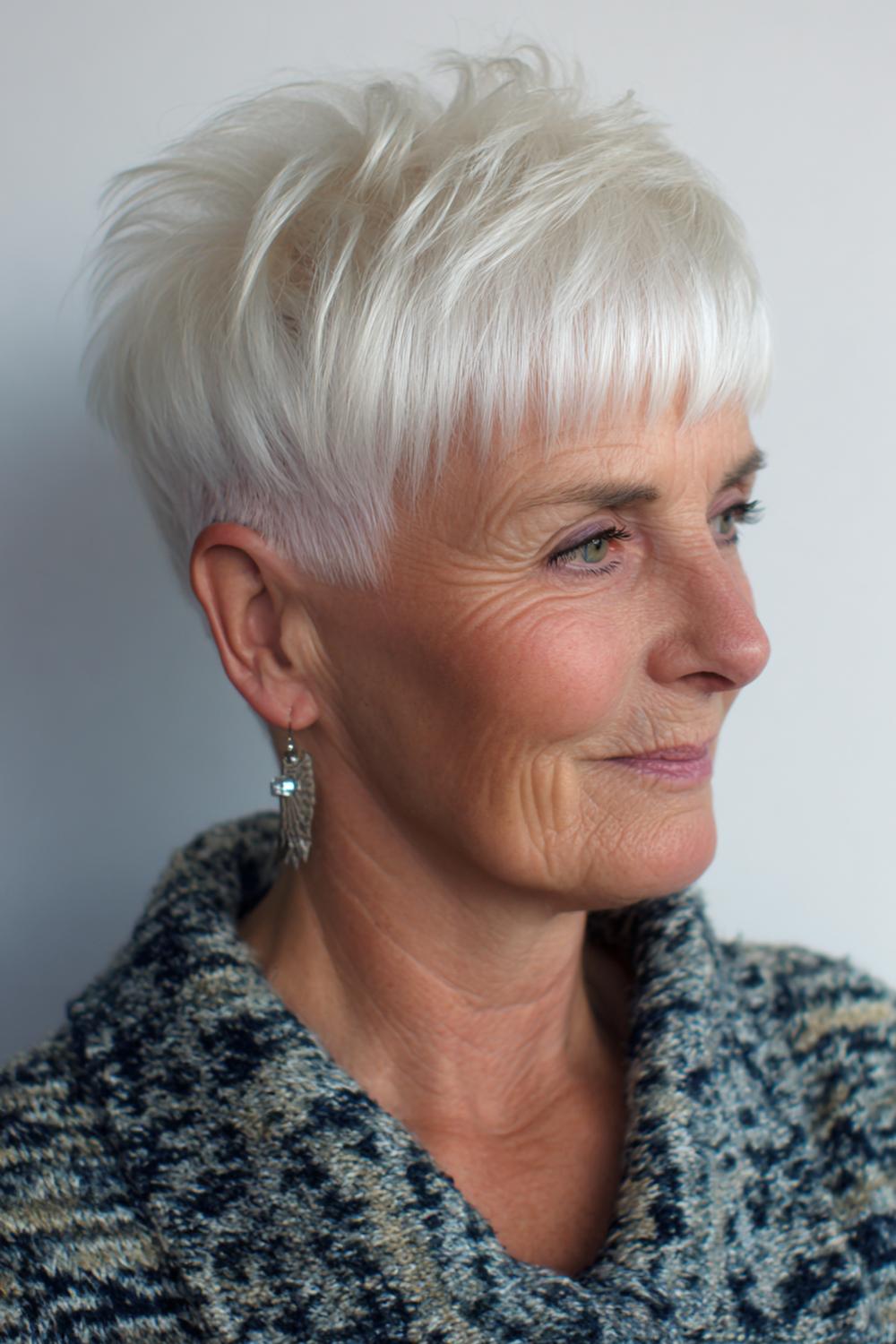 3. Kapsel met pony voor 50 plus: gelaagde pixie met korte pony en textuur