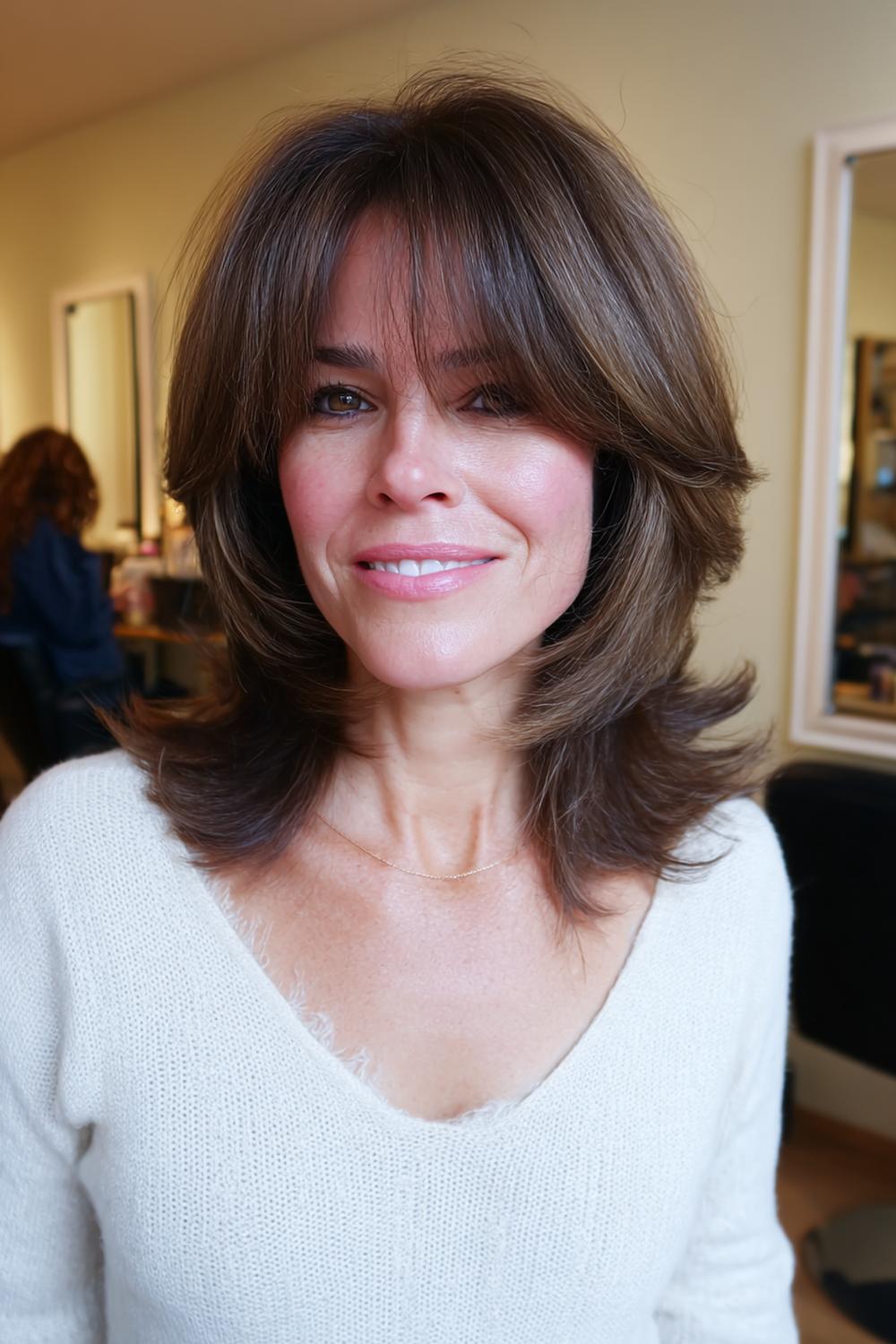 6. Kapsel met pony voor 50 plus: zachte shag met pony en luchtige lagen rond het gezicht